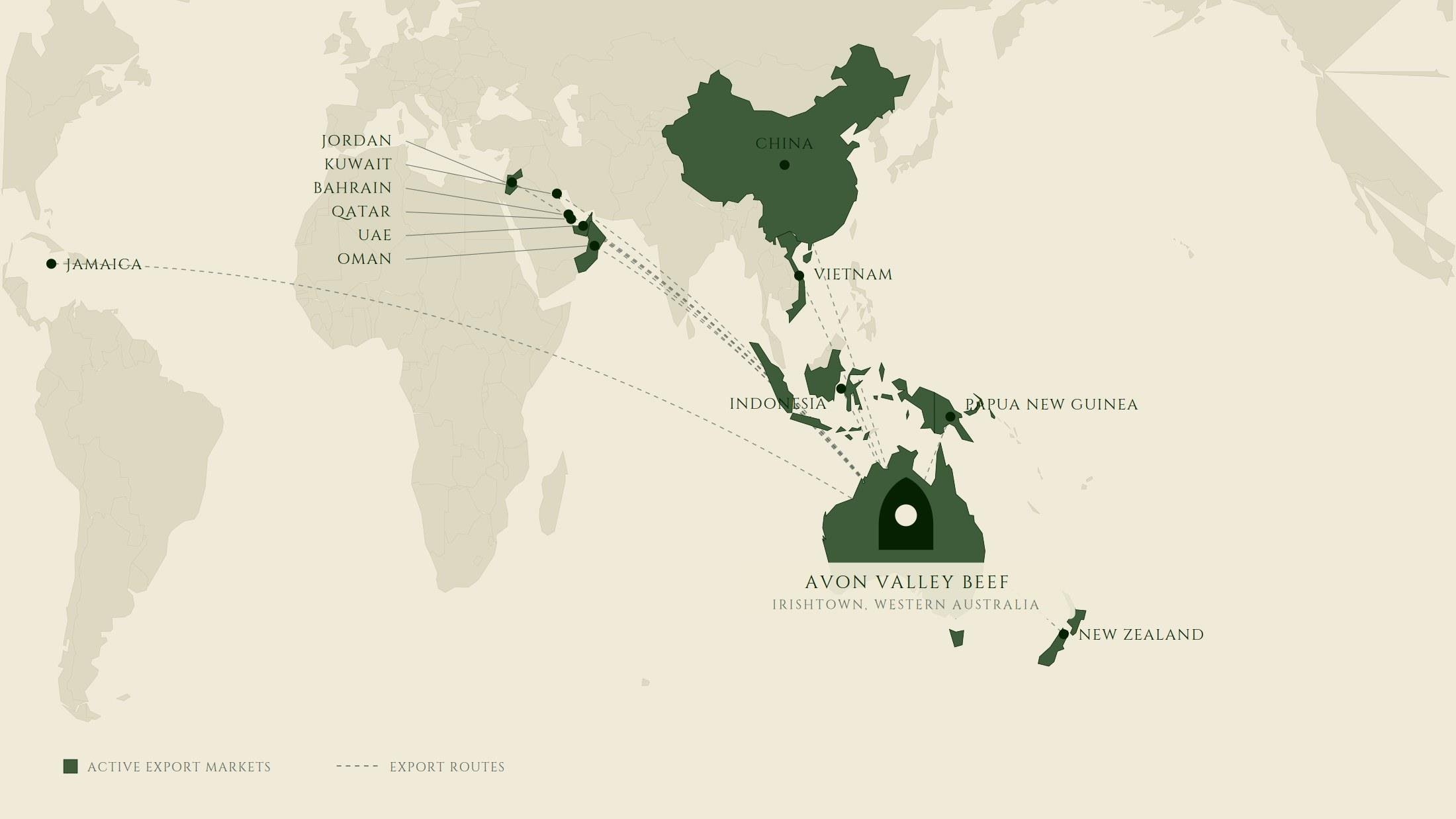 Map of Avon Valley Beef export markets